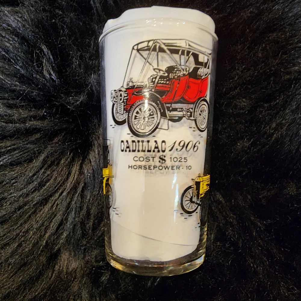 Vintage Car Drinking Glass Old Time Buick 1910, Cadillac, Ford & Studebaker 1906